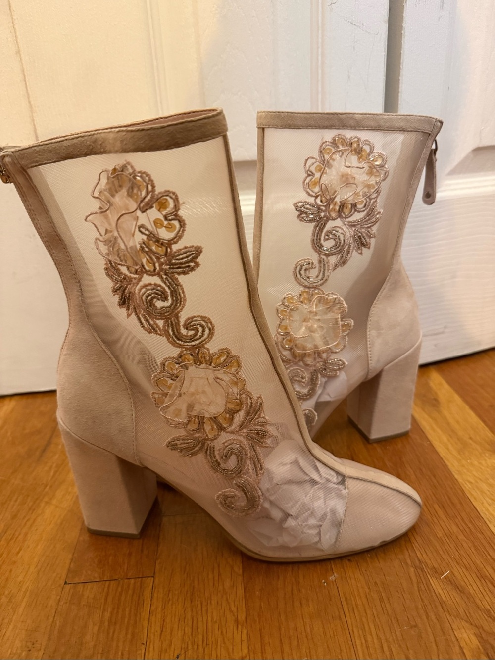 Avec Les Filles Cream Floral Embroidered Sheer Block Heel Ankle Boots